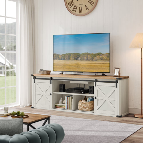 Cesilee TV Stand for TVs up to 75"  with 2 Sliding Barn Doors and Built-In Charging Station